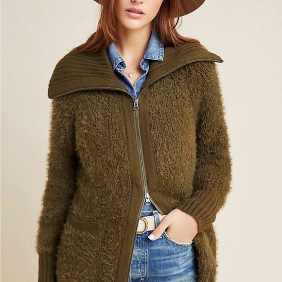 Anthropologie Bethany Zip Front Cardigan Olive Teddy XS - Picture 2 of 7